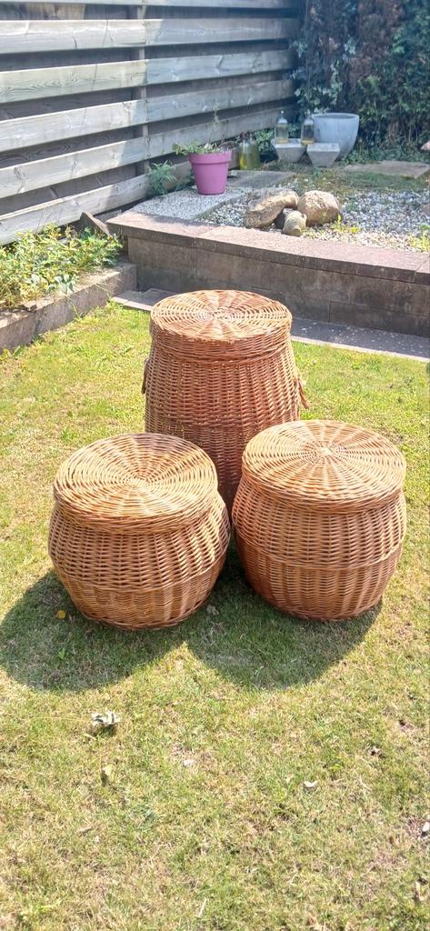 Set van 3 rieten manden met deksel, Huis en Inrichting, Woonaccessoires | Kisten, Zo goed als nieuw, 50 tot 75 cm, Minder dan 50 cm