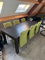 Eettafel met 6 limegroene lederen stoelen, Huis en Inrichting, Tafels | Eettafels, Ophalen, Gebruikt, 200 cm of meer, 50 tot 100 cm