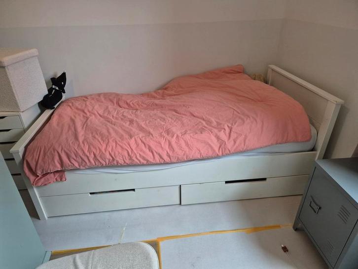 Wit houten bed 90x200 met lades, Huis en Inrichting, Slaapkamer | Bedden, Gebruikt, Eenpersoons, 90 cm, 200 cm, Hout, Wit, Ophalen