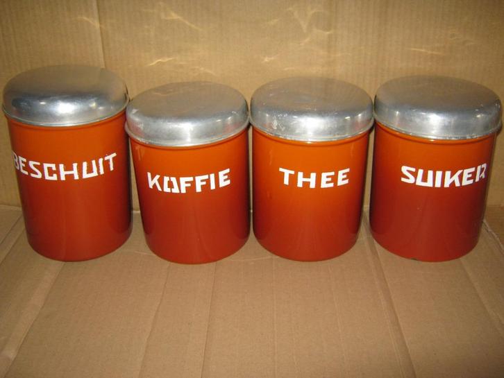 2x oranjegevlamd emaille beschuit koffie thee suikerbussen, Antiek en Kunst, Antiek | Emaille, Ophalen of Verzenden