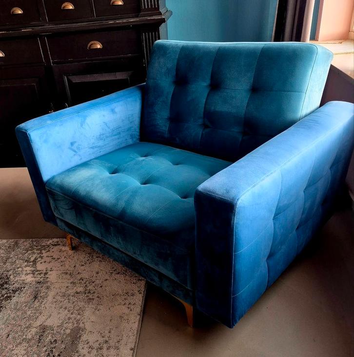 Fauteuil ABERDEEN Fluweel Zeeblauw, Huis en Inrichting, Fauteuils, Zo goed als nieuw, Stof, 100 tot 125 cm, 75 tot 100 cm, Ophalen