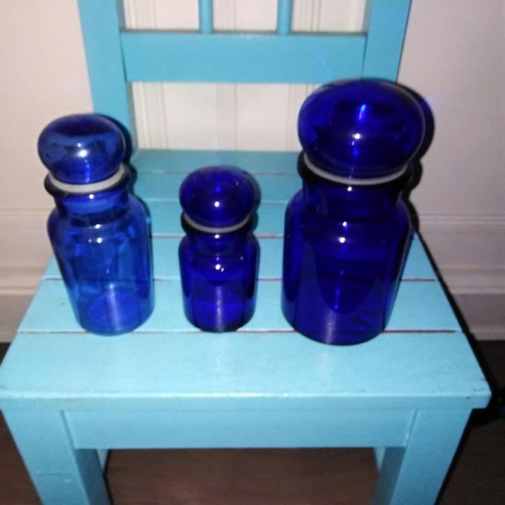 Apothekerspotjes blauw 3 stuks, Huis en Inrichting, Keuken | Potten en Pannen, Gebruikt, Pot, Bus of Blik, Glas, Ophalen