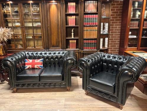 Chesterfield set 2 zits & fauteuil, Huis en Inrichting, Banken | Bankstellen, Zo goed als nieuw, Driepersoons, 75 tot 100 cm, Overige materialen