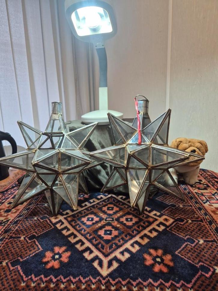 ​2x Grote Glazen Ster Lantaarn/Kandelaar | Messing stijl | T, Huis en Inrichting, Lampen | Plafondlampen, Zo goed als nieuw, Glas