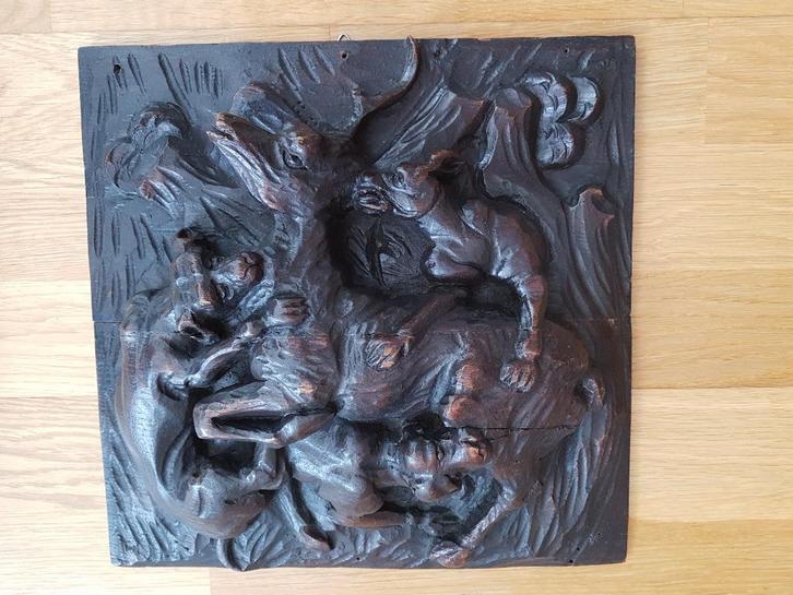 ANTIEK Houten PANEEL in Reliëf (Mythologie: Aktaion), Antiek en Kunst, Kunst | Beelden en Houtsnijwerken, Ophalen of Verzenden