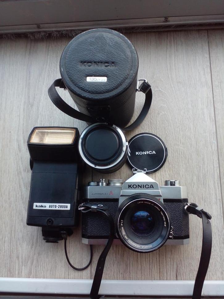 Konica Autoreflex A met Lens en Flitser, Audio, Tv en Foto, Fotocamera's Analoog, Gebruikt, Spiegelreflex, Konica, Ophalen of Verzenden