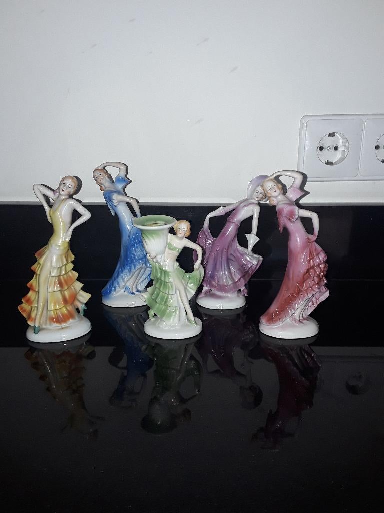5 Antieke felgekleurde porseleinen art deco dames, Antiek en Kunst, Antiek | Porselein, Verzenden
