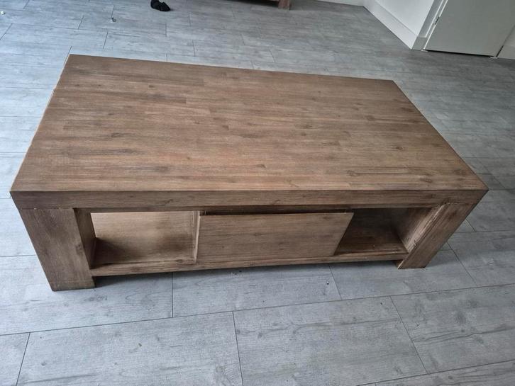 Houten salontafel met opbergruimte, Huis en Inrichting, Tafels | Salontafels, Gebruikt, Minder dan 50 cm, 50 tot 100 cm, 100 tot 150 cm