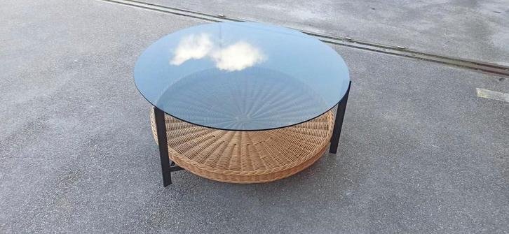 Vintage glas en riet design salontafel, rond, Huis en Inrichting, Woonaccessoires | Overige, Gebruikt, Ophalen