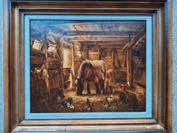 Olieverf op paneel, Jan van Trirum, stal met trekpaard