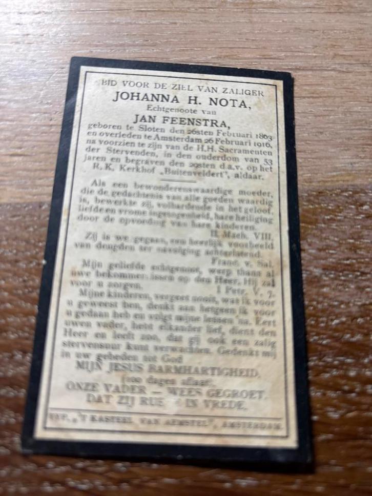 Nota Johanna 1803 Sloten 1916 Amsterdam x Feenstra - 25717a, Verzamelen, Bidprentjes en Rouwkaarten, Bidprentje, Ophalen of Verzenden