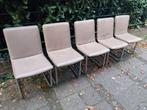 5 Taupe leren eetkamerstoelen met rvs sledes, Ophalen, Gebruikt, Zwart, Leer
