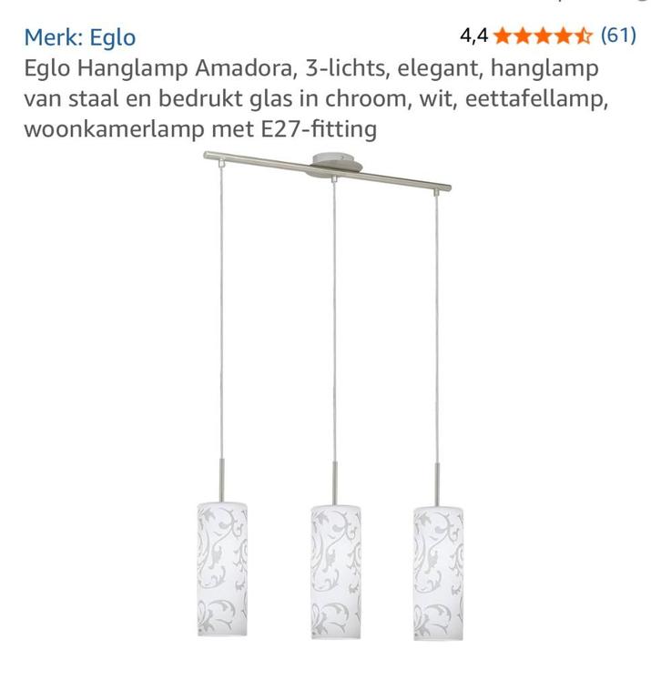 Hanglamp EGLO , 3 lichts, Huis en Inrichting, Lampen | Hanglampen, Gebruikt, 75 cm of meer, Glas, Metaal, Ophalen