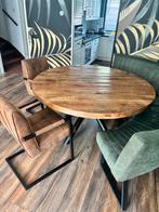 Ronde eiken tafel + 2 stoelen + bank (kan ook apart), Ophalen, 50 tot 100 cm, 100 tot 150 cm, Zo goed als nieuw