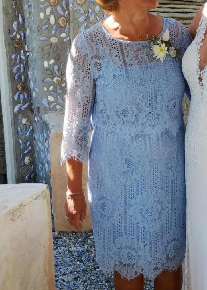 Lichtblauw kanten jurkje met bolero maat 42, Kleding | Dames, Gelegenheidskleding, Zo goed als nieuw, Blauw, Ophalen of Verzenden