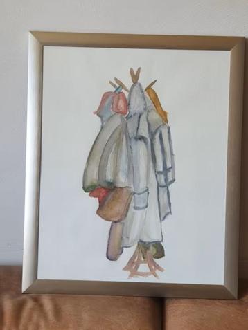 Aquarel kapstok met jassen niet gesigneerd mooie lijst. beschikbaar voor biedingen
