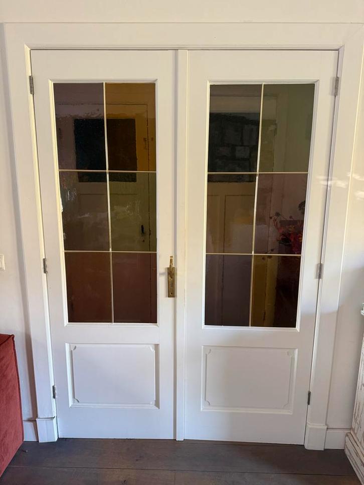 Dubbele binnendeur met glas in lood, Doe-het-zelf en Verbouw, Deuren en Horren, Gebruikt, Binnendeur, 200 tot 215 cm, 120 cm of meer