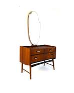 Vintage Deense teakhouten kaptafel met spiegel ‘60, Zo goed als nieuw, Vintage retro buisframe design rotan webbing deens papercord