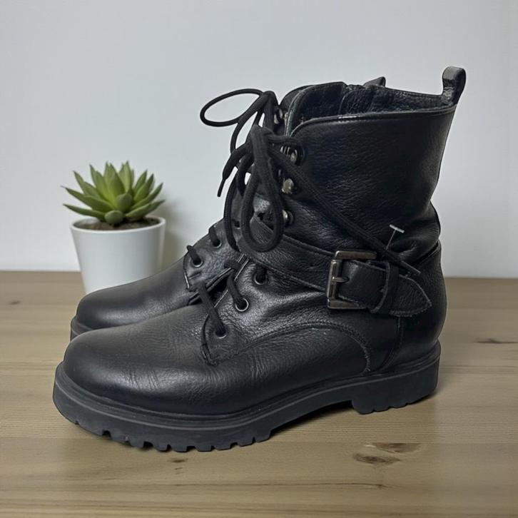 Manfield Laarzen Maat 37 Zwart Leer Leger Moto Style, Kleding | Dames, Schoenen, Gedragen, Lage of Enkellaarzen, Zwart, Verzenden