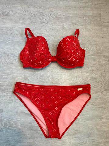 Bikini rood met stippen. Top maat 36E, broekje maat 40.  beschikbaar voor biedingen
