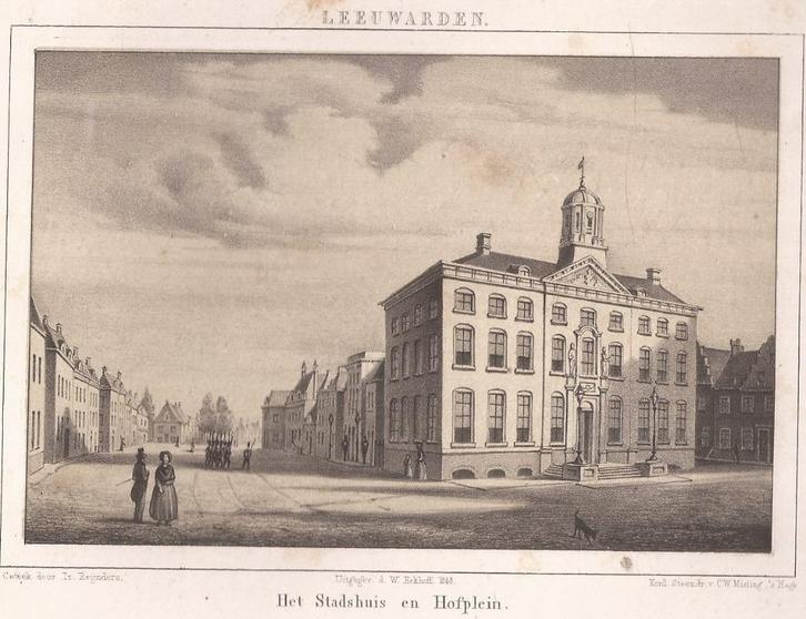 Leeuwarden Het Stadhuis en Hofplein 1848 Litho naar Iz. Rein, Antiek en Kunst, Kunst | Etsen en Gravures, Ophalen of Verzenden