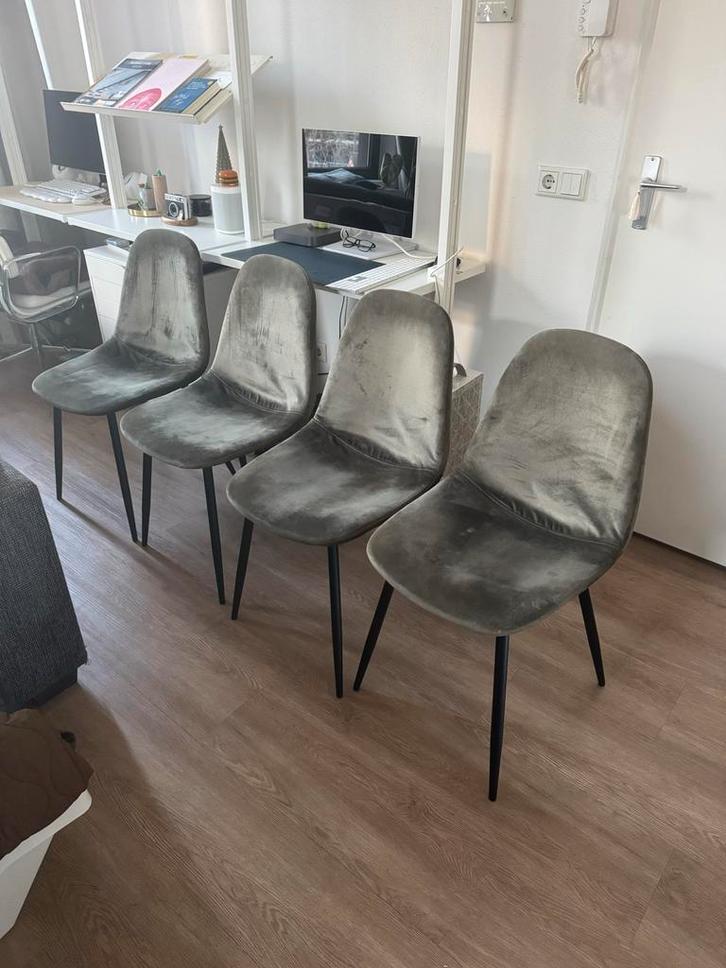 Groene Suède Look Eetkamerstoelen - Set van 4, Huis en Inrichting, Stoelen, Gebruikt, Vier, Stof, Overige kleuren, Ophalen