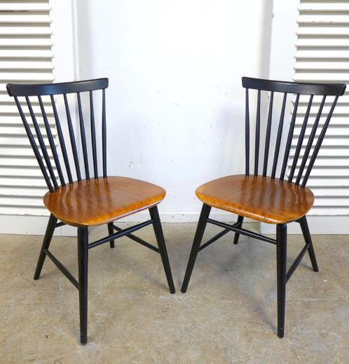 Paar van 2 vintage retro spijlen stoelen, Huis en Inrichting, Stoelen, Gebruikt, Twee, Hout, Zwart, Ophalen