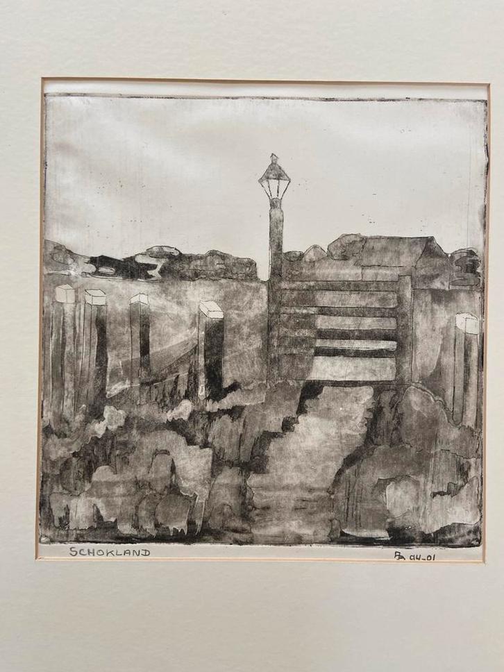 Ets Schokland - Gesigneerd en Gedateerd '04.01'. Zuiderzee l, Antiek en Kunst, Kunst | Etsen en Gravures, Ophalen of Verzenden