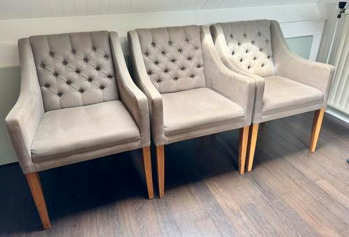 Goossens eetkamerstoelen, Huis en Inrichting, Stoelen, Gebruikt, Drie, Hout, Stof, Grijs, Ophalen