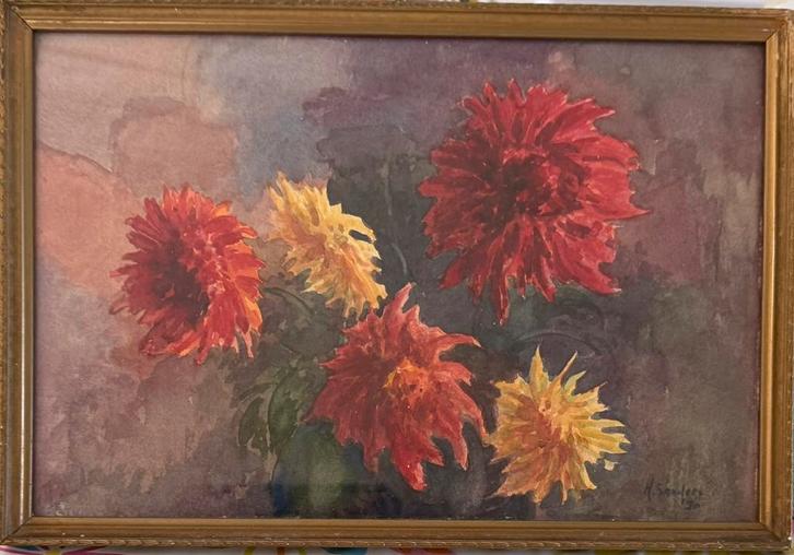H. Sanders aquarel met Chrysanten, Antiek en Kunst, Kunst | Schilderijen | Klassiek, Ophalen of Verzenden