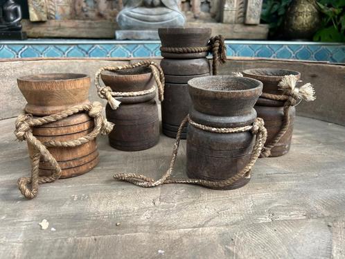 Houten potjes uit India met touw Indiase stoer sober, Huis en Inrichting, Woonaccessoires | Overige, Nieuw, Ophalen of Verzenden