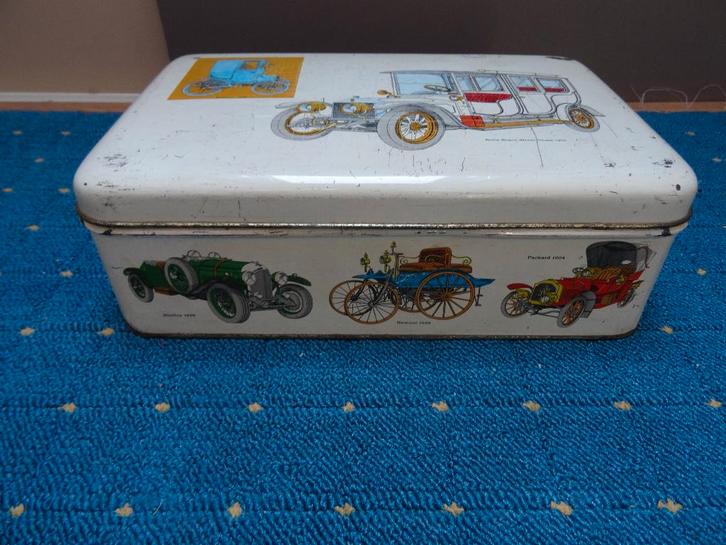 blik met afbeeldingen van historische auto's, Verzamelen, Blikken, Gebruikt, Overige, Ophalen of Verzenden