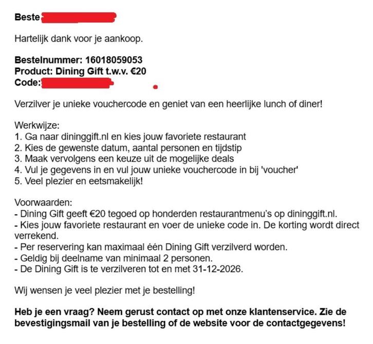 Dining Gift voucher: 20 euro korting!, Tickets en Kaartjes, Kortingen en Cadeaubonnen, Eén persoon, Overige typen, Cadeaubon