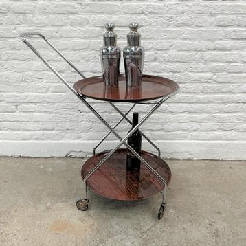 Vintage serveerwagen of barcart chroom, rond, houten bladen  beschikbaar voor biedingen