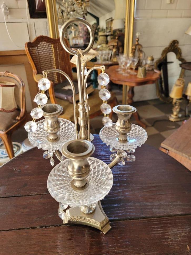Vintage kandelaar met kristallen pegels foto 1 t/m 3, Antiek en Kunst, Curiosa en Brocante, Ophalen of Verzenden