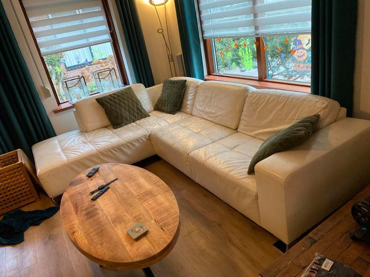 Lederen Hoekbank - Wit-Crème - Vierpersoons, Huis en Inrichting, Banken | Bankstellen, Gebruikt, Hoekbank, Vierpersoons of meer