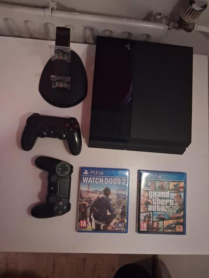 PS4 + 2 spellen (GTA5 & Watch Dogs 2) + 2 controllers, Spelcomputers en Games, Spelcomputers | Sony PlayStation 4, Gebruikt, Original