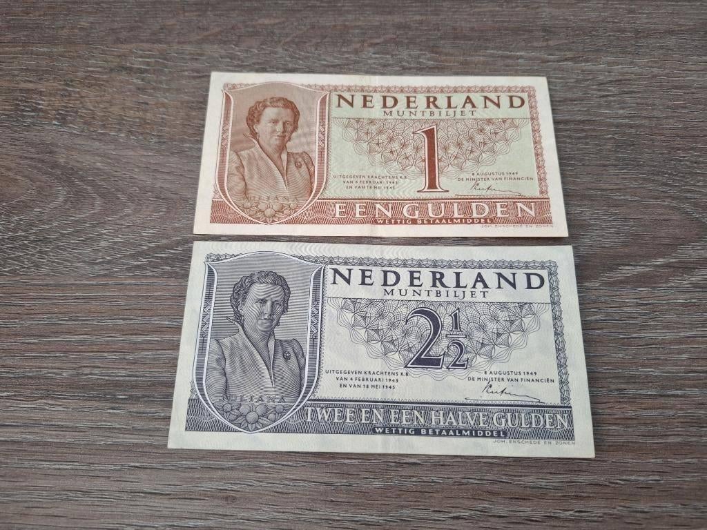 Setje heel mooie muntbiljetten 1 en 2,5 gulden Juliana, 1949, Ophalen of Verzenden