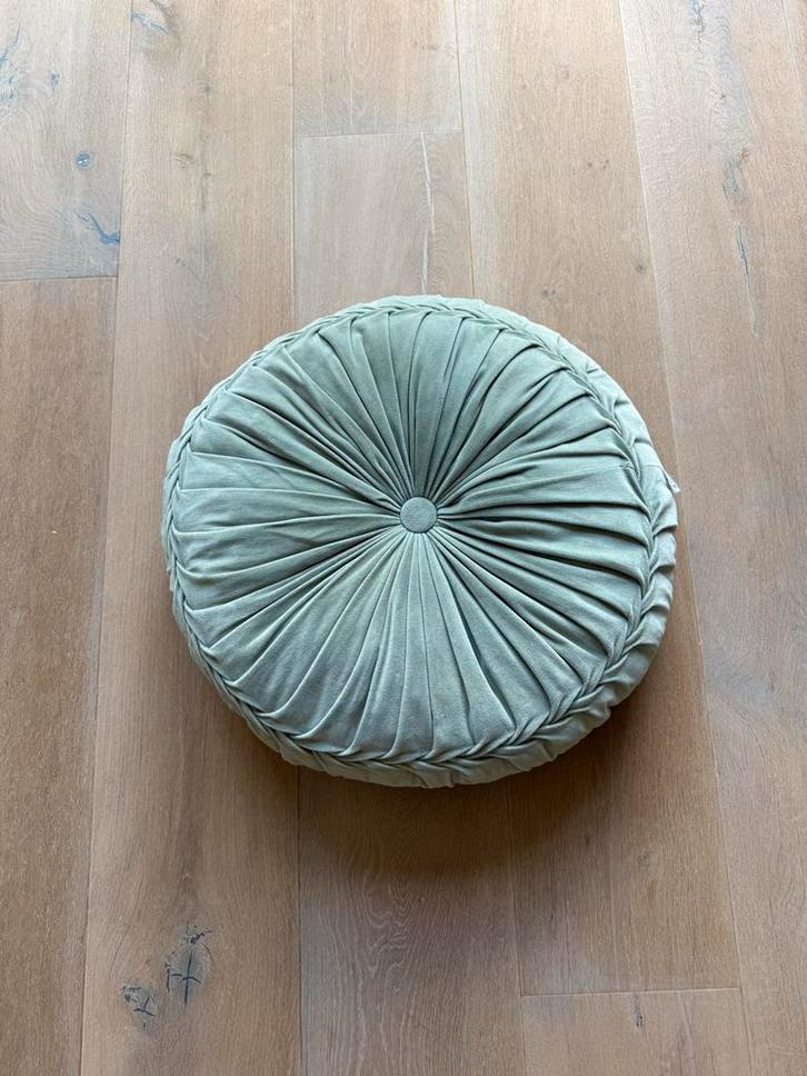Groen/grijs fluwelen sierkussen - 55cm, Huis en Inrichting, Woonaccessoires | Kussens, Gebruikt, Groen, Rond, Ophalen of Verzenden