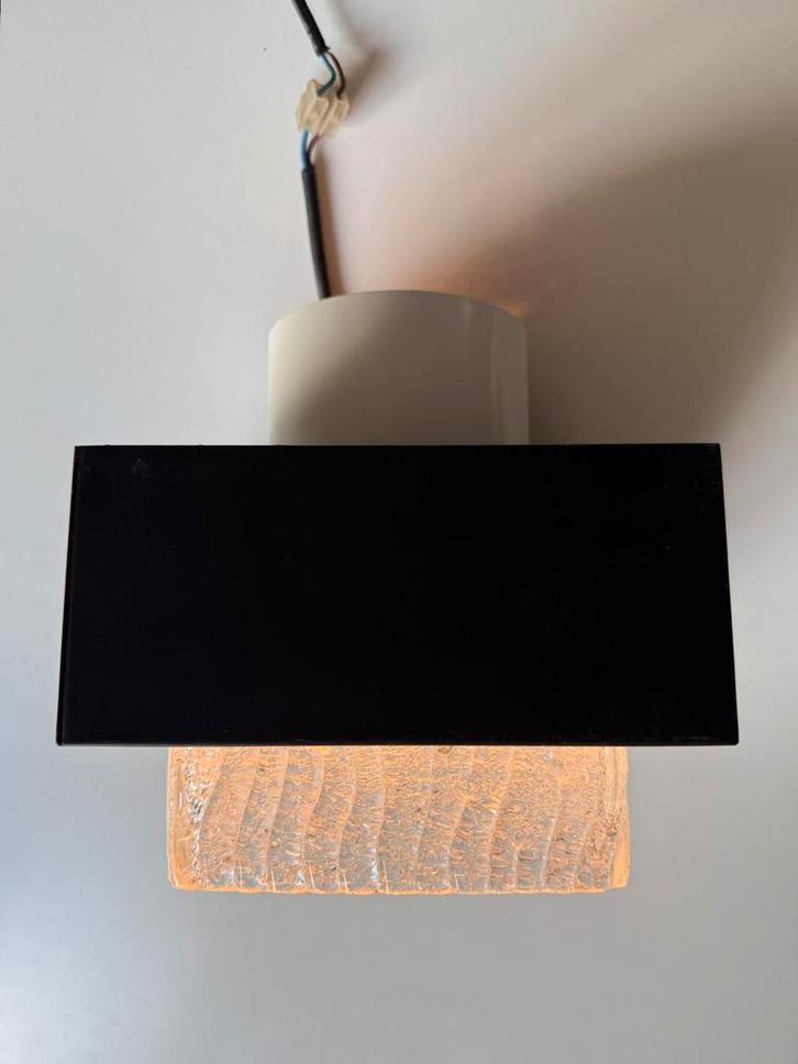 7 x Vintage Philips plafondlamp zwart/wit metaal + ice glas, Huis en Inrichting, Lampen | Plafondlampen, Gebruikt, Glas, Metaal