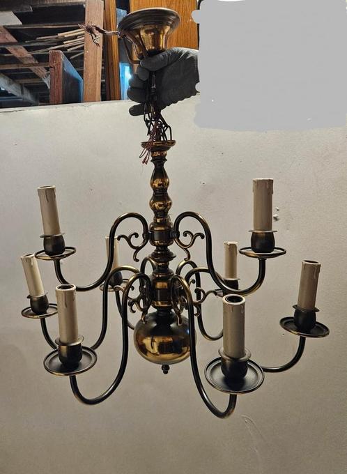 Klassieke 8-armige messing kroonluchter – vintage barokstijl, Huis en Inrichting, Lampen | Kroonluchters, Zo goed als nieuw, Ophalen
