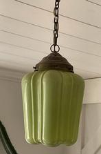 Jaren 30 :Groen Glazen Ganglamp met Koper, Ophalen, Gebruikt, Glas, Minder dan 50 cm