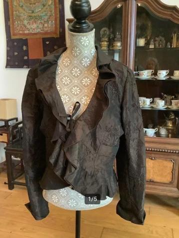 Chique donkerbruin blouse voorkant gestrikt ruche geborduurd beschikbaar voor biedingen