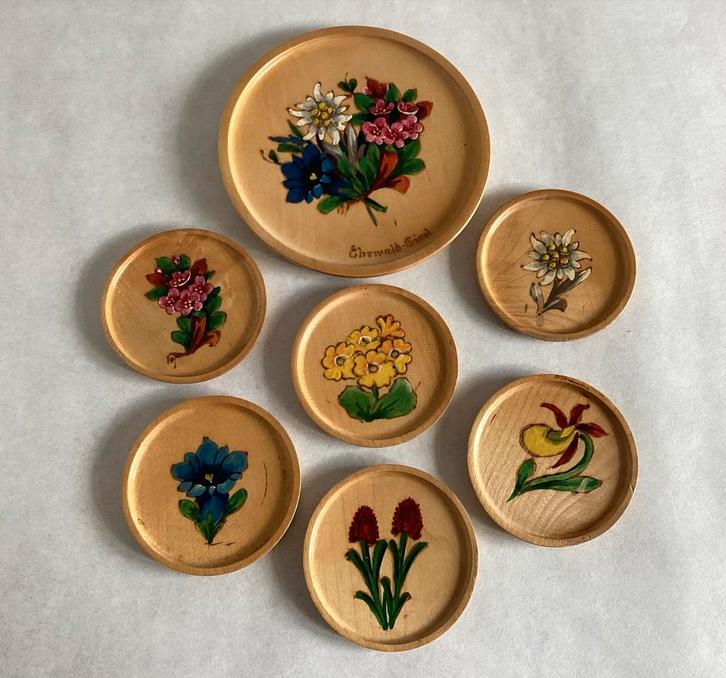 6 Houten Onderzetters met Bloemen (Set), Huis en Inrichting, Woonaccessoires | Onderzetters, Gebruikt, Glas of Kopje, Ophalen of Verzenden