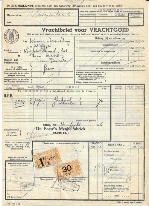 Vrachtbrief Du Fosse's Meubelfabriek  Sluis spoorwegzegels, Postzegels en Munten, Postzegels | Nederland, Gestempeld, T/m 1940