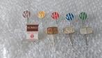 9 verschillende speldjes van houten chocolade, Verzamelen, Speldjes, Pins en Buttons, Ophalen of Verzenden, Zo goed als nieuw