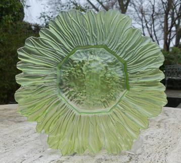 Groen Glas Sunflower / Zonnebloem schaal + Bonbon Bloem beschikbaar voor biedingen