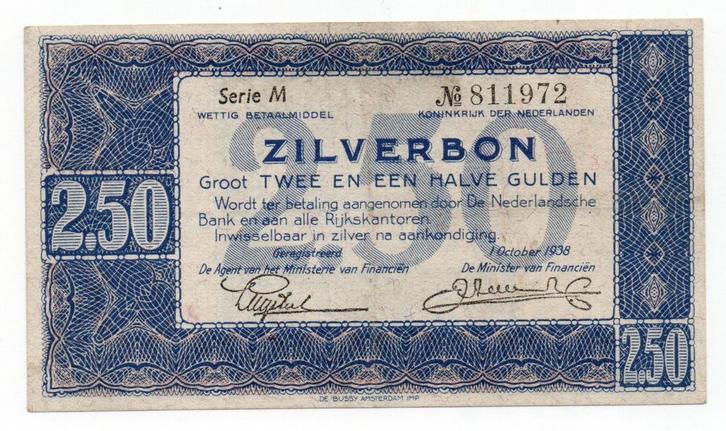 2½ gulden 1938 - 1 letter serienummer - 004, Postzegels en Munten, Bankbiljetten | Nederland, Los biljet, 2½ gulden, Verzenden