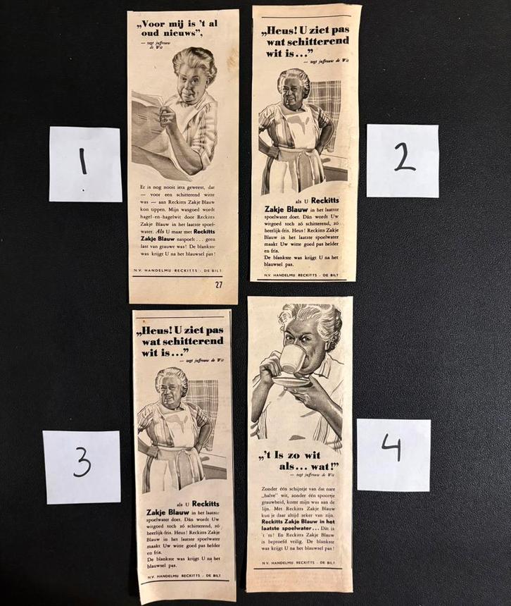 4 advertenties ‘Reckitts zakje blauw’ (1951-1952), Verzamelen, Tijdschriften, Kranten en Knipsels, Knipsel(s), 1940 tot 1960, Ophalen of Verzenden