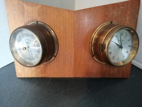 MARITIEME SCHEEPS KLOK EN WEERSTATION OP MAHONIEHOUTEN BLOK, Antiek en Kunst, Antiek | Gereedschap en Instrumenten, Ophalen of Verzenden